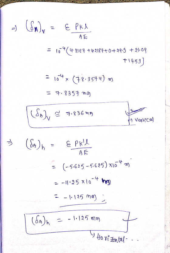 =) (SA) E Pkl AE - 104(4.2187 +42187+0+29.3 +2109 +19.53) = 104x (18.3574) m = 7.8357 mm (Salv 7.836 m Verhoceed T (San & Pk