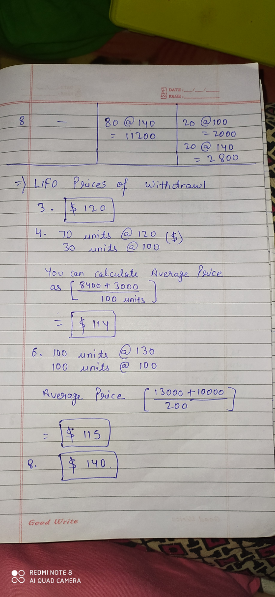SPD DATE: PAGE: 8 80 @ 140 11200 20 @ 100 2000 20 @ 140 = 2800 =) LIFO Prices of withdrawl 3. $120 70 units @ 120 ($) 4. 30 u