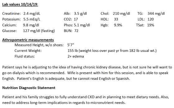 Lab values 10/14/19: Creatinine: 2.4 mg/dL Potassium: 5.5 mEq/L Calcium: 9.8 mg/dl Glucose: 127 mg/dl (fasting) TG: 344 mg/dl