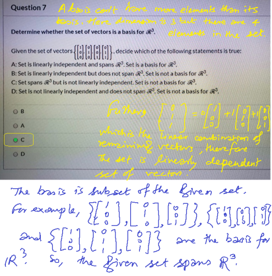 Question? A bois cont have more elements than its basis, tere dimensions as met there are 4 Determine whether the set of vec