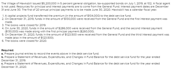 The Village of Hawksbill issued $5,200.000 in 5 percent general obligation, tax-supported bonds on July 1, 2019. at 102. A fi