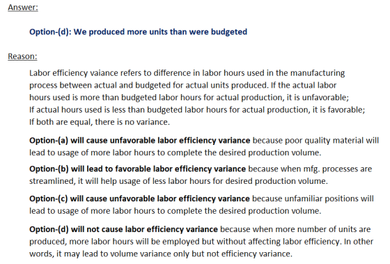 Answer: Option-(d): We produced more units than were budgeted Reason: Labor efficiency vaiance refers to difference in labor