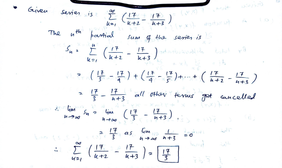 Given series is (11, 177 17 k+2 ut3 uzi The th partial series is } и Suz (11 12 sum of the 1) k=1 k+3 ( 17 3 17. + ) +(4-16)+