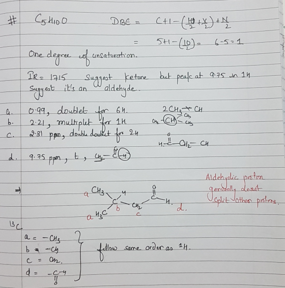 C+1-($+x) + N 541-(10)- 6-5=1 but peale at 9.75 un 14 Catoo DBC = = | One degree of unsaturation IR = 1715 Suggest ketone Sug