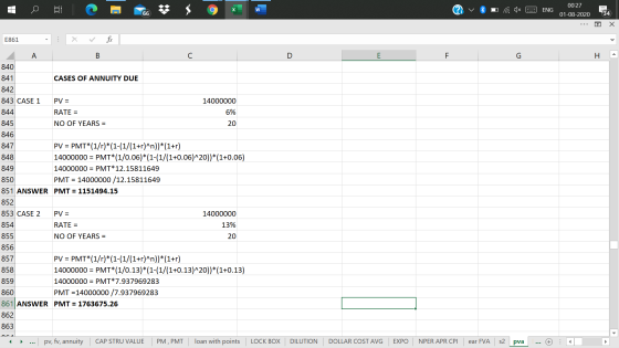 W ENG 00:27 01-08-2020 66 34 Х E861 fc . A B C D E F G H 840 841 CASES OF ANNUITY DUE 842 843 CASE 1 PV = 14000000 844 RATE =