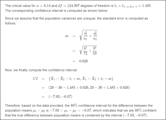 The critical value for a = 0.14 and df = 124.967 degrees of freedom is te = t1-a/2:1–1 = 1.485. The corresponding confidence