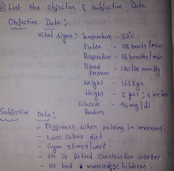U 2 List the objective & subjective Data. Objective Data al vital signs: - Temperature - 370 Pulse - 118 beats (min. Respirat