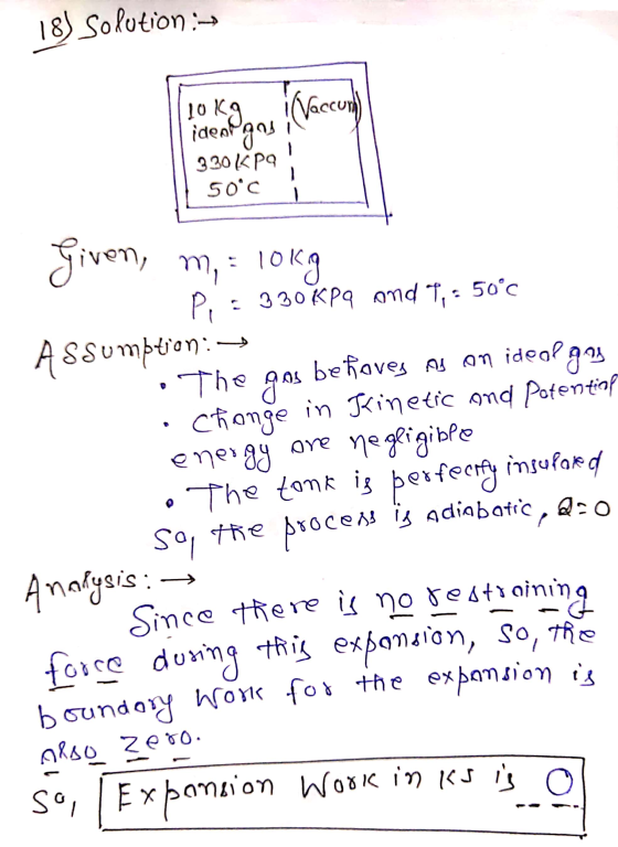 18) Solution : lokg ideal gas (Vaccon 330 KPG 50°C given, : 10 The gas m, : 10kg P, : 330 KP9 ond 7, : 50°c Assumption : beho