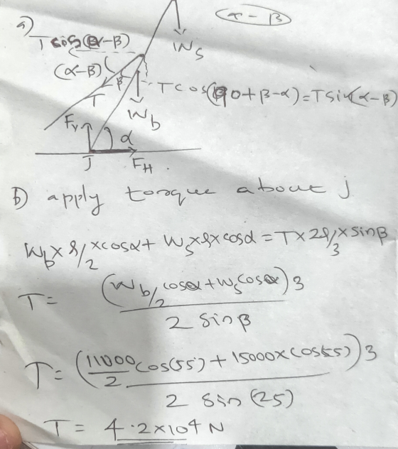 a-B 1 Cibe-B ولم (&-B) Tcosmo+-)=TSIKA-B) Fun IND . FH . Х 3 2 T- 6 apply toroque about xcosat Wexlx cosd = TX22xsinß (Wb c