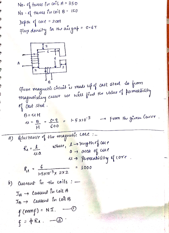 No. of turns in coil 1 = 350 No of turns in coil B = 150 Depth of core = 2cm Flug devity in Hu augap = 0.67 Given maguetic ci