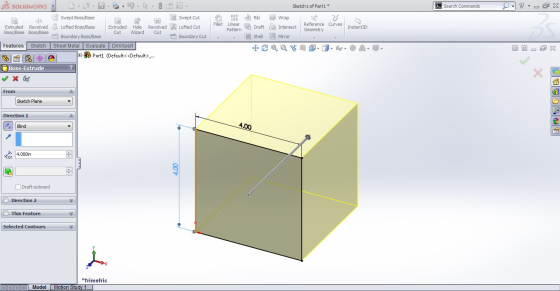 BS SOLIDWORKS -R-UE Sketch1 of Parti * > Search Commands ? - DOX Rib ed Wrap 00 Extruded Revolved Boss/Base Boss/Base Swept C