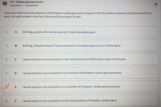 9.3 - Eyeless gene promoter Homework. Unanswered if you were able to see the sequence of Panoptes eyeless gene and compare i