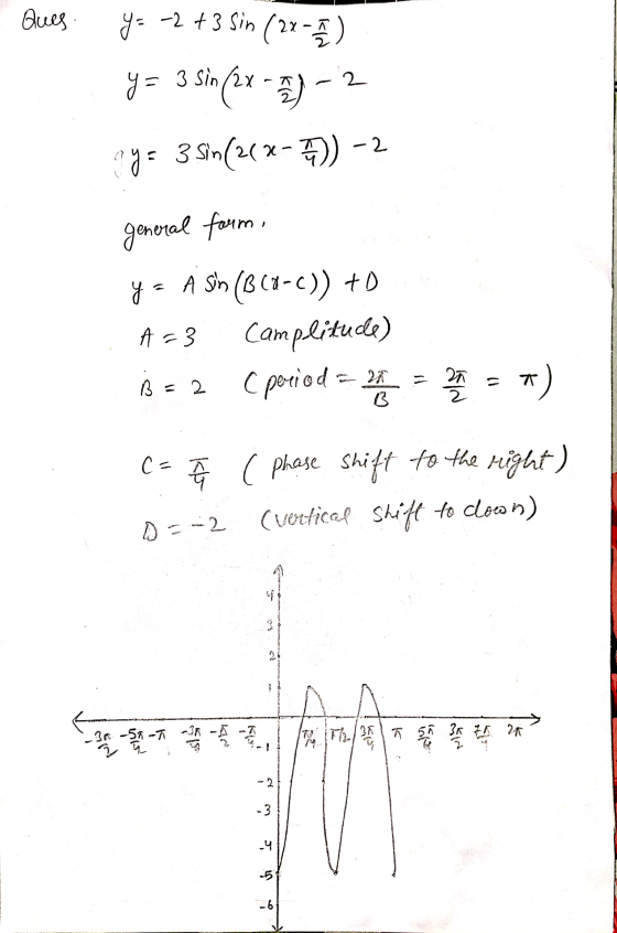 Ques as y = -2 +3 Sin (2x - 1) y = 3 sin (2x - 2) - 2 ay = 3 Sin (2(x-7) - 2 general form, y = A Sin (B18-c)) +D A=3 Camplitu