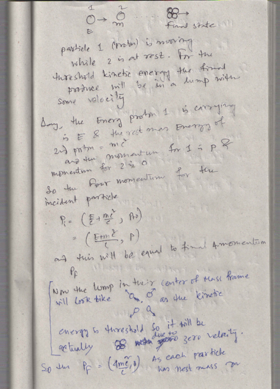 final state t particle 1 (proton) is moring while 2 is at rest. For the threshold kinetic energy the final produce will be in