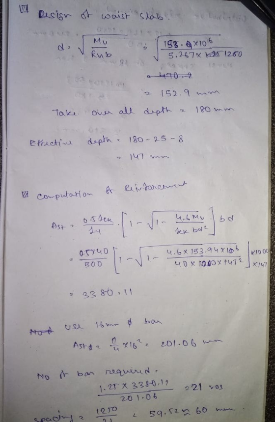 14 Design of waist slabe hellers Mu de V Rub 193.6x106 5,267x 1250 2 152.9 mm depth a 180 mm Take over all Etfective depth a