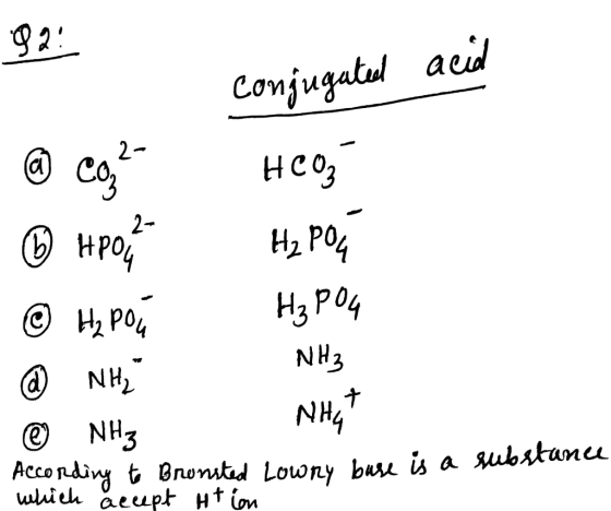 acid Conjugated ② coz ® HPOT ©н, Ро, @ NH₂ © NHz HCO3 Hz Pok HPO4 NH3 NHET According to Brunsted Lowry base is a substance wh