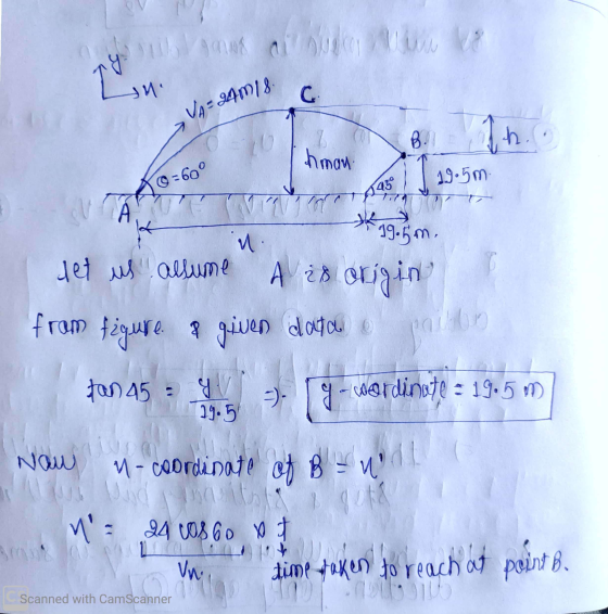 gan di I tu. C VA= 24m18. B. hman Inh... 1 19.5m 0=60° ni 19.5 m. це моllume Aiв i in from figure I given dat de Dod 1)45 : 4