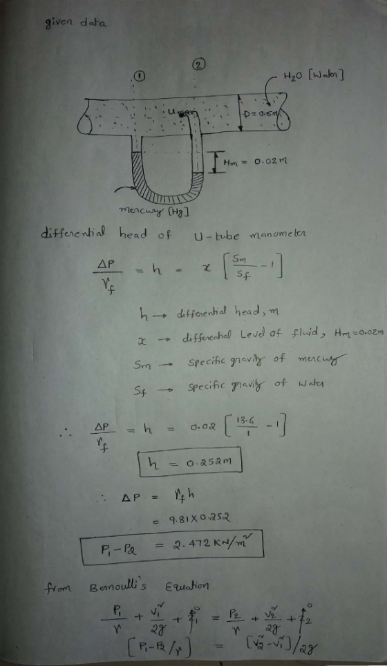 given data ditfenential head of U-tube manometa X → diffe enhol Level of fluid, Hyt soo2m 13.G R- =2.472 Krym 23