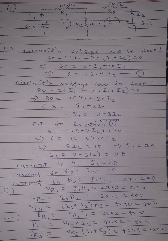 202 - RzI2 I, lour 2 tl sov 6ov schoff es vol gage haw in loop a - 60 - 10 II - 10 (lit Iz)=0 =) 60 = 20 Iitio I2 => 6 = 2I,