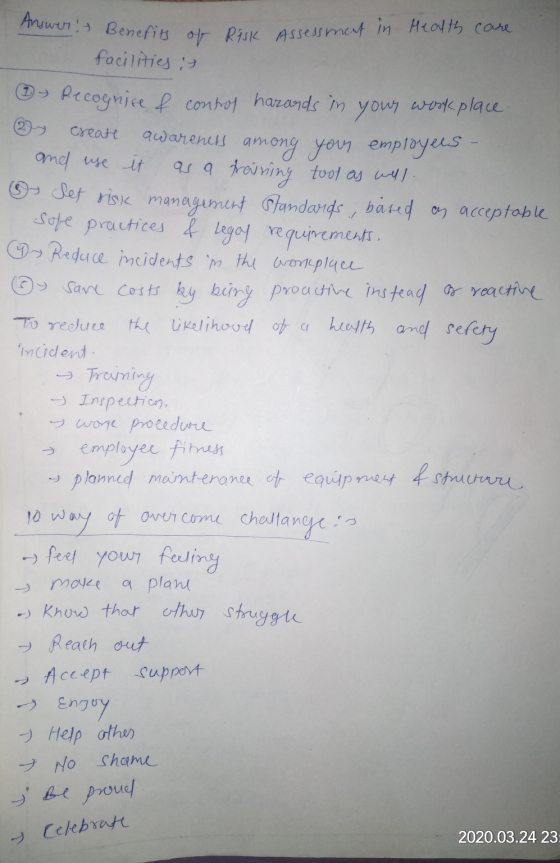 Answers Benefits of facilities it Benefits of Risk Risk care Asses. Assessment in Health 1 Recognice & control hazards in you