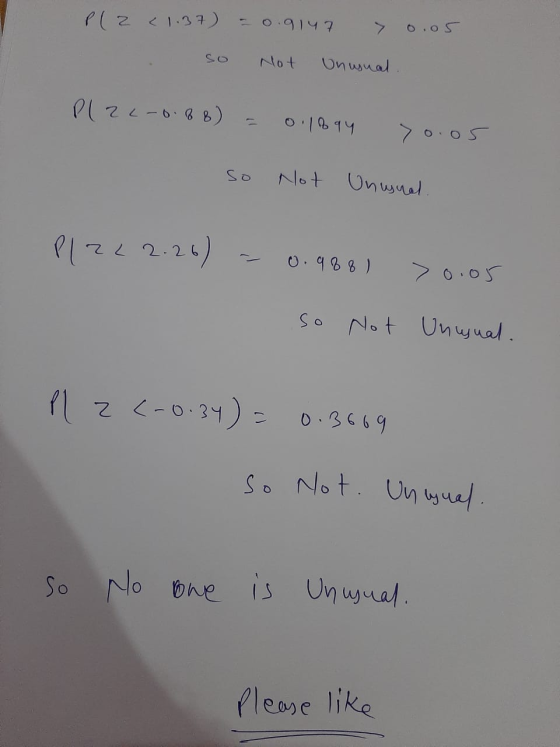 Plz (1.37) = 0.9147 > Not Unusual PlaL-088) 0:1694 yo.05 Not Unusual P/ 222.26) 0.98 8 ) >0.05 so Not Ungual. Pl z (-0.34) =