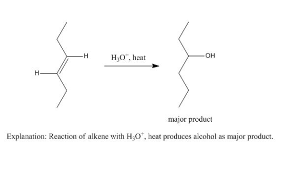 -H H30 , heat OH H- major product Explanation: Reaction of alkene with H20, heat produces alcohol as major product.