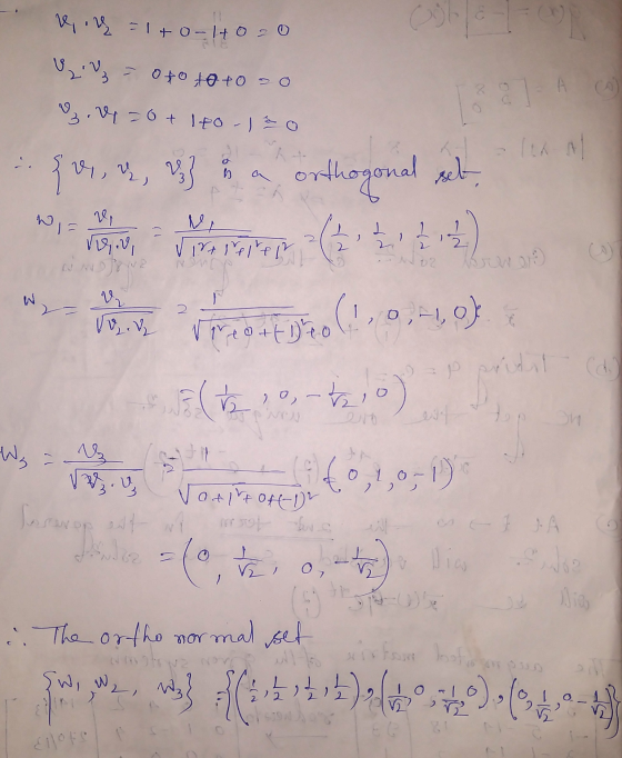 Wių = 1+0-1+0 2 0 V2 V3 = 0+0+0+0 - 0 %. V = 0 + 1to1 to 621 5 91 vi, u, Ve} B a orthogonal set, 12 Vi Virtuellen NOVO vo. V