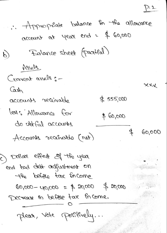 b) P. 2 . Appoopriate balance in the allowance account at year end a $ 60,000 Falance sheet (poatfal Assets Current assets :-