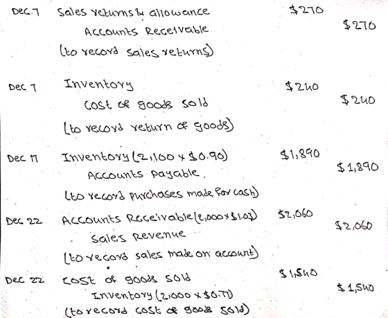 sales returns & allowance Accounts Receivable. to record saies returns) $270 Decy Inventory - cost of goods sold (to record r