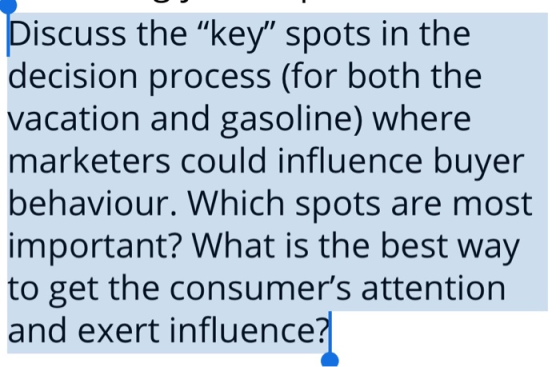 Discuss the “key spots in the decision process (for both the vacation and gasoline) where marketers could influence buyer be