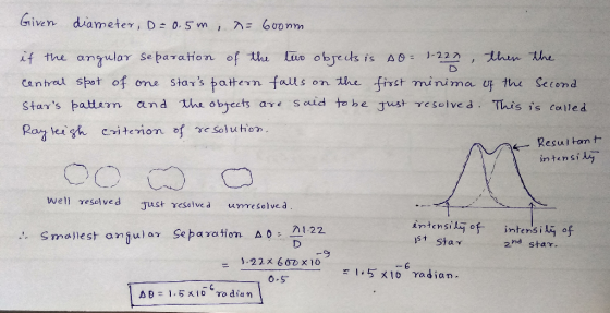 Given diameter, D 0. 5m 6Uo nm lhen he if the angular Separation of the Lao obrecs is AO1-227 Centrel spot of one stars patt