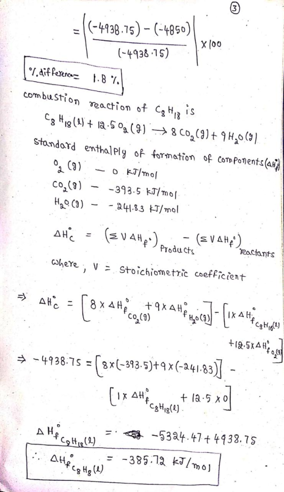3 (-4938.75) - (+4850) X100 (-4938.75) %difference - 1.8% combustion reaction of Cg His is Cs Hig(44+ 1a-501(8) →800,(9)+9H0