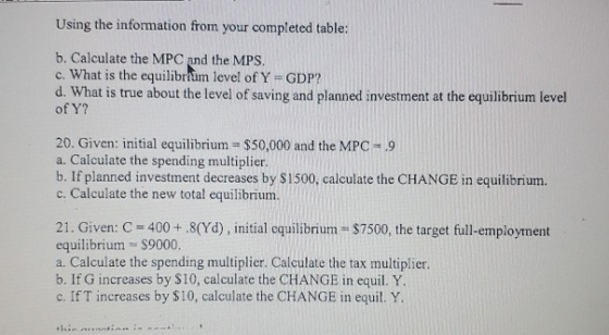 Using the information from your completed table: b. Calculate the MPC and the MPS. c. What is the equilibram level of Y GDP?