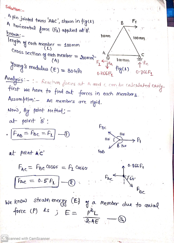A horizontal force (fa) applied atB. Solution:- A pin jointed touss ABC, shown in fig(e) F1 known: - Joomm 100mm Cross sec