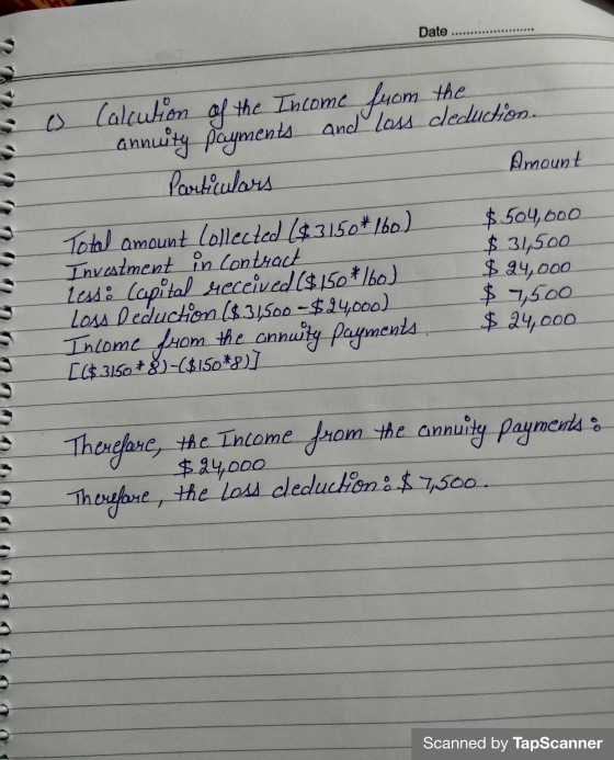 Date es Calcution of the Income from the . annuity payments and loss deduction Particulars Amount Total amount Collected (4.3