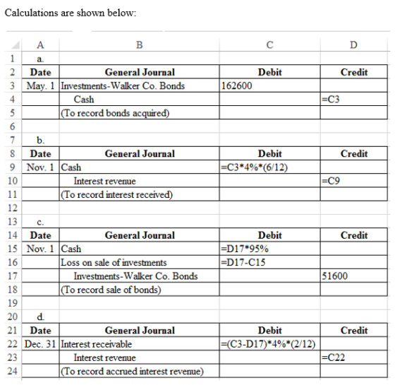 Calculations are shown below: Α D Credit 1 a. Date General Journal 3 May. 1 Investments-Walker Co. Bonds Cash (To record bond