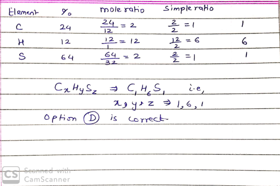 Element Le L H Ls lo 24 12 64 mole ratio 24 = 2 12 = 12 G4 = 2 simple ratio 2 2 = 1 12 = 6 = 3.2 Ca Hy Sz - option C,HS, ie,