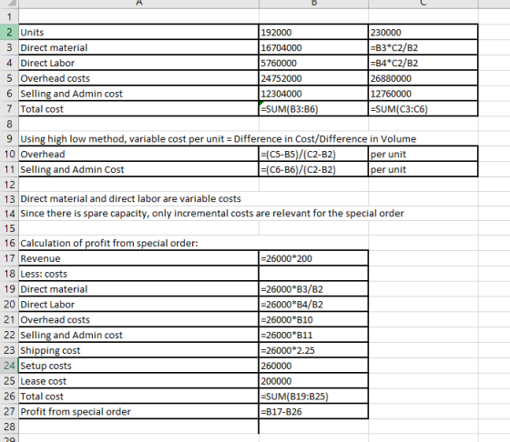 в 1 2 Units 192000 230000 3 Direct material 16704000 =B3*C2/B2 4 Direct Labor 5760000 =B4*C2/B2 5 Overhead costs 24752000 268