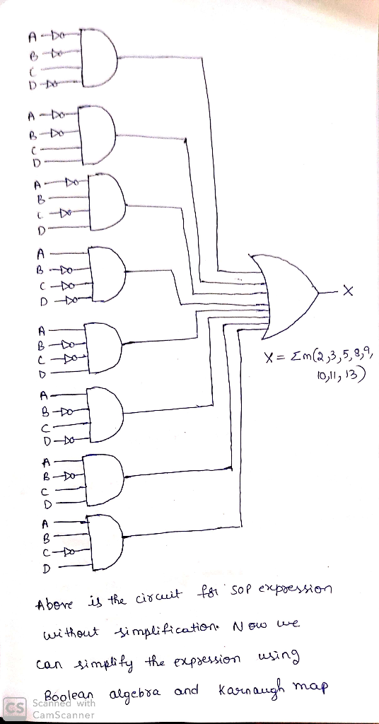 A-D D AD A- B -- - A- X= Zn(a 3,5,8,9, 10,11,13) B-DO D Dol DUDUQCJA is the circuit for Above sop expression without simplifi