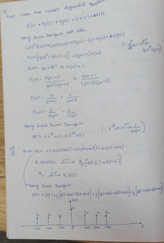 differential equation. time invaraint Given. Linear yut) + 5yCt) + 6964) - 2 x(t) +ex(+). Taking Fourier Transform both si