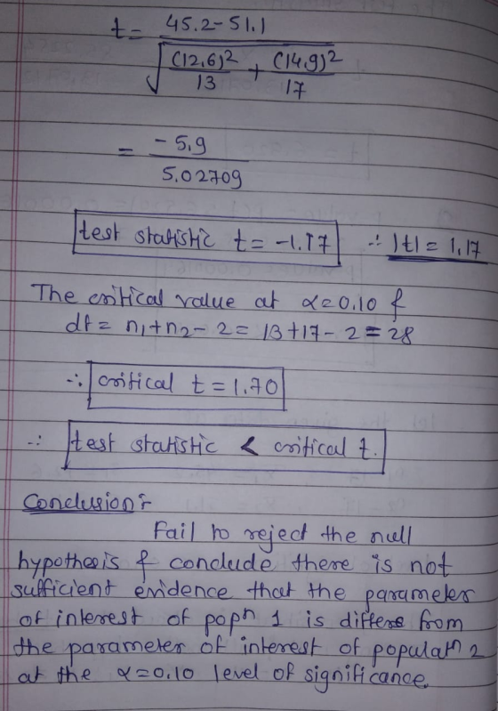 4- 45.2-51.) (12,62 (1492 + 13 17 -5.9 5,02709 test statistic t=-1.17 It = 1,17 The critical value at £20.10 f do z nitna-22