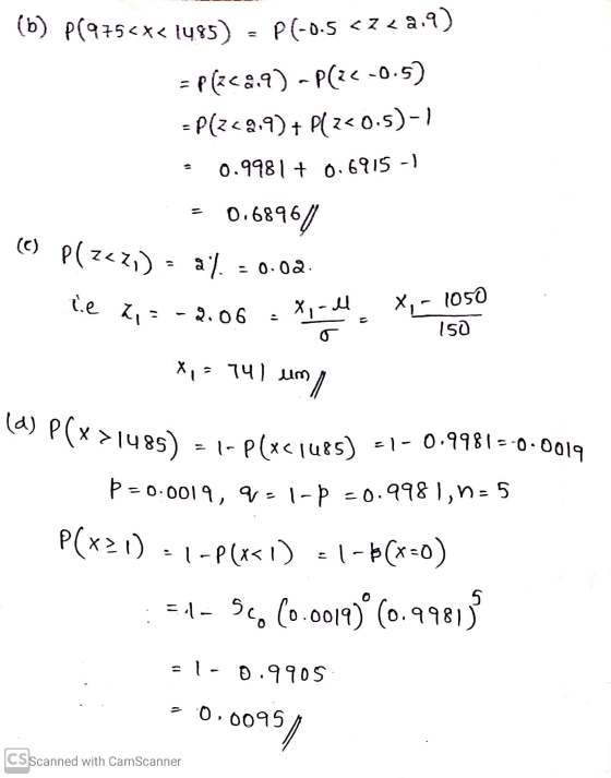 le X, = -2.06 (b) p1975<x< 1485) - P(-0.5 <z24.9) = P(2489) -P(24 -0.5) = P(229.9) + Plz<0.5) - 1 0.9981 + 0.6915 - ) 0.68967
