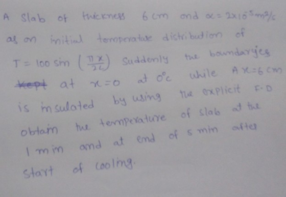 A slab of thickness 6cm ond d = 2x10 5m2/s. as on initial temperature distribution of T= 100 sin (De) suddenly the boundarges