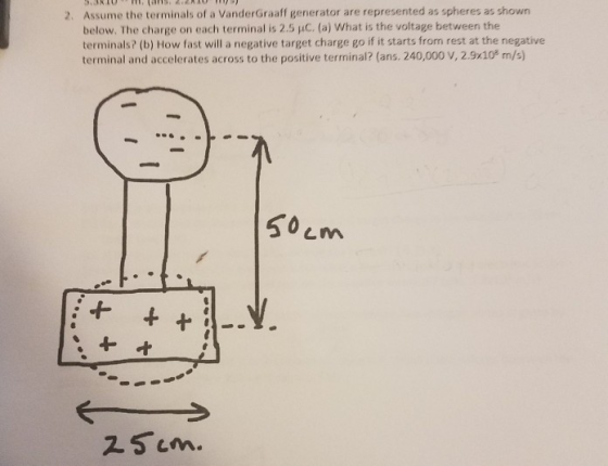Assume the terminals of a VanderGraaff generator are represented as spheres as shown below. The charge on each terminal is 2.5 uC, (a) What is the voltage between the terminals? (b) How fast will a negative target charge go if it starts from rest at the negative terminal and accelerates across to the positive terminal? (ans. 240,000 V, 2.9x10 m/s) 2. 50cm 1