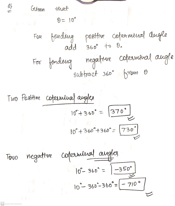 ol Groven that g= 10° For funding positive coferminal augle add 360° to 0 For fonding negative caferminal angle subtract 360°