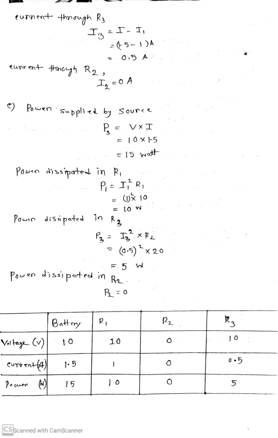eurnent through R3 Iz EI. I - 4-5-1)A 0.5 A 2 cunrent through R2, Iq =O A e) Power supplied by source an VXI 10 X 1.5 = 15 wa