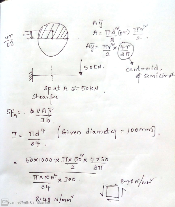 A A = Td Cor) TT Ağ= TT7°(4m) 3 FT centroid, of semicir Sf at A. & 50kA Shear fore SPA. OVAJ Ib 1. Td4 (Given diametega loomm