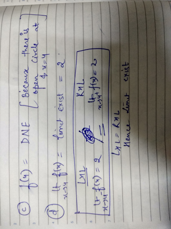 1 с DNE [ be 74 Because there is open Circle at not fla) = linet exist &u=4 2 Ral LIL tt f(n) = 2 ught flw=2 at Lyl=RUL Hence
