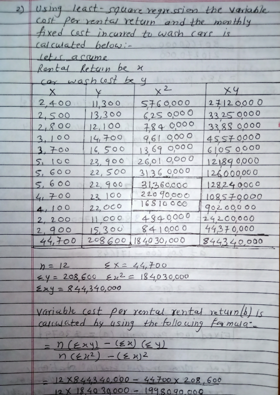 2) using least square regression the variable cost per rental return and the monthly fixed cast incurred to wash cars is calc