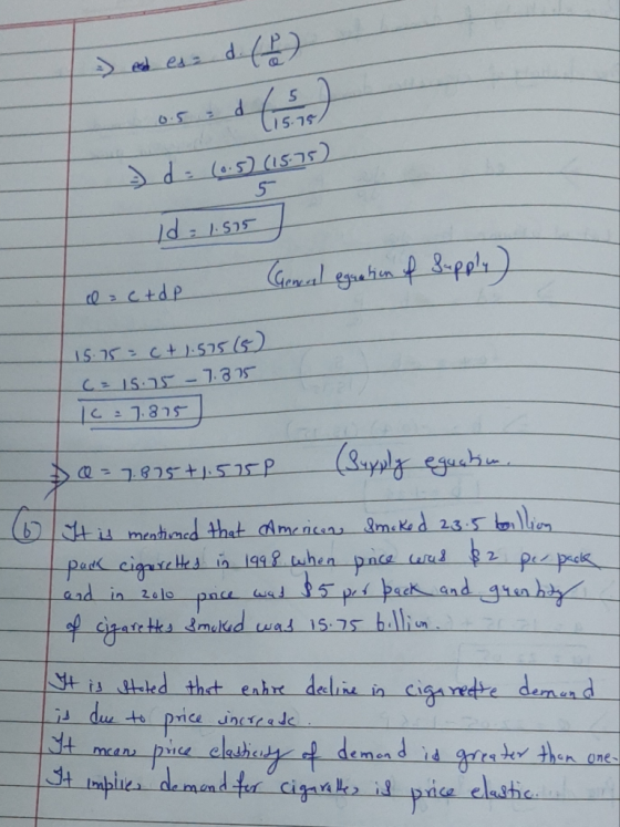 - des d. (1) 5 d = (0.5) (15.15) 1d = 1.515 - Genul egration of Supply) o= c+de 15.75= ct 1.575 (5) C = 15.75 - 7.355 c = 7,8